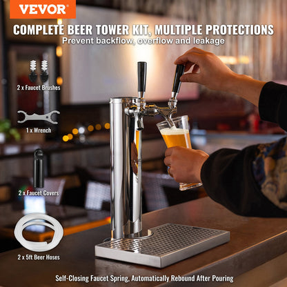 VEVOR Double Taps Draft Beer Tower Dispenser Stainless Steel Keg Beer Tower