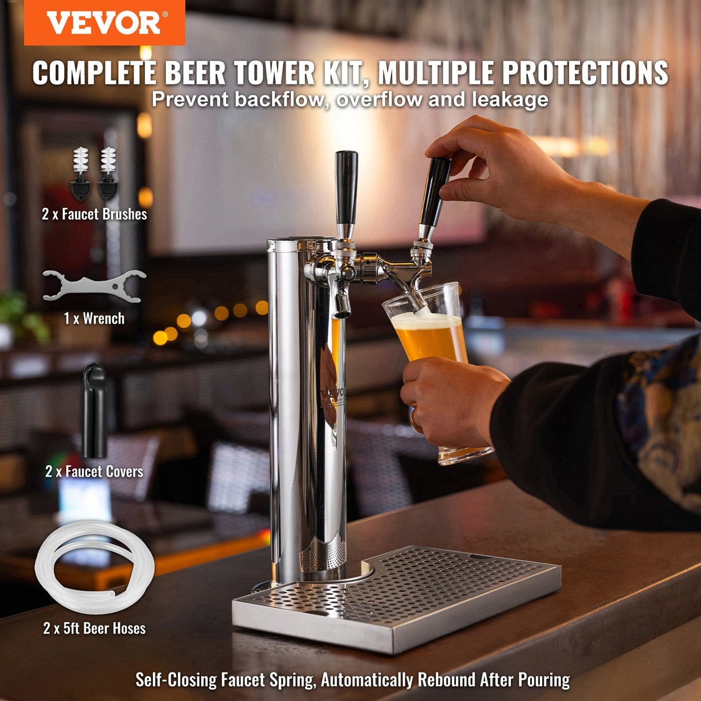 Dual Tap Stainless Steel Beer Dispenser Tower, 0.43m, for Kegerator & Countertop