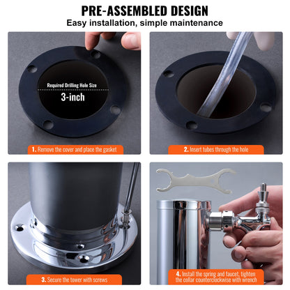 VEVOR Double Taps Draft Beer Tower Dispenser Stainless Steel Keg Beer Tower