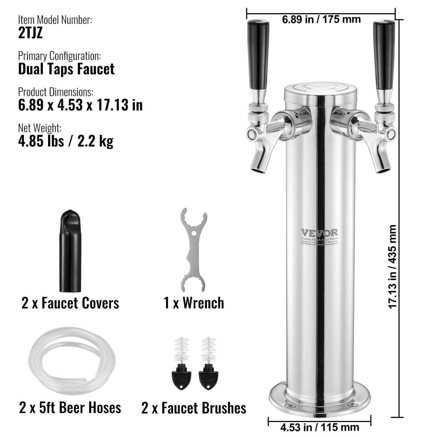 Dual Tap Stainless Steel Beer Dispenser Tower, 0.43m, for Kegerator & Countertop