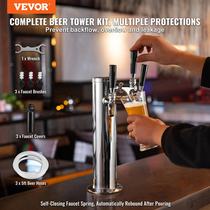 VEVOR Triple Taps Draft Beer Tower Dispenser, Stainless Steel Keg Beer Tower, Kegerator