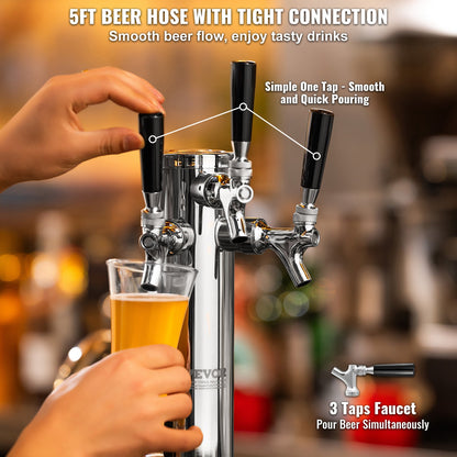 VEVOR Triple Taps Draft Beer Tower Dispenser, Stainless Steel Keg Beer Tower, Kegerator