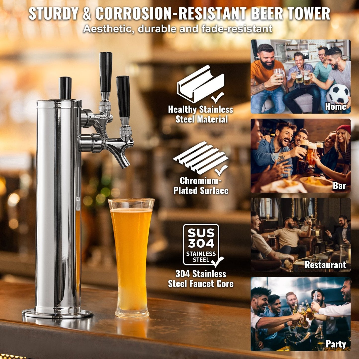 Triple Tap Stainless Steel Beer Tower Dispenser with Self-Closing Faucets