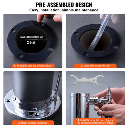 VEVOR Triple Taps Draft Beer Tower Dispenser, Stainless Steel Keg Beer Tower, Kegerator