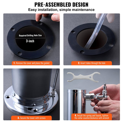 Triple Tap Stainless Steel Beer Tower Dispenser with Self-Closing Faucets