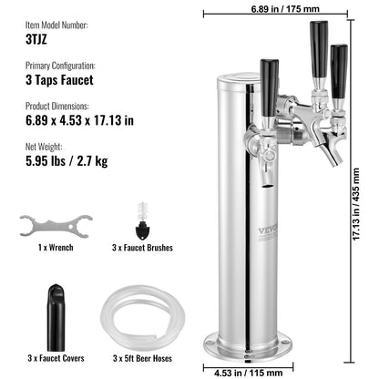 VEVOR Triple Taps Draft Beer Tower Dispenser, Stainless Steel Keg Beer Tower, Kegerator