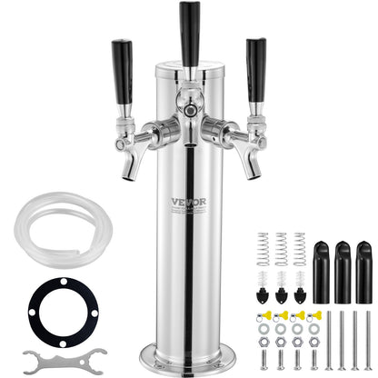 VEVOR Triple Taps Draft Beer Tower Dispenser, Stainless Steel Keg Beer Tower, Kegerator