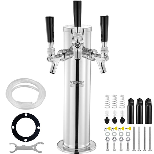 VEVOR Triple Taps Draft Beer Tower Dispenser, Stainless Steel Keg Beer Tower, Kegerator
