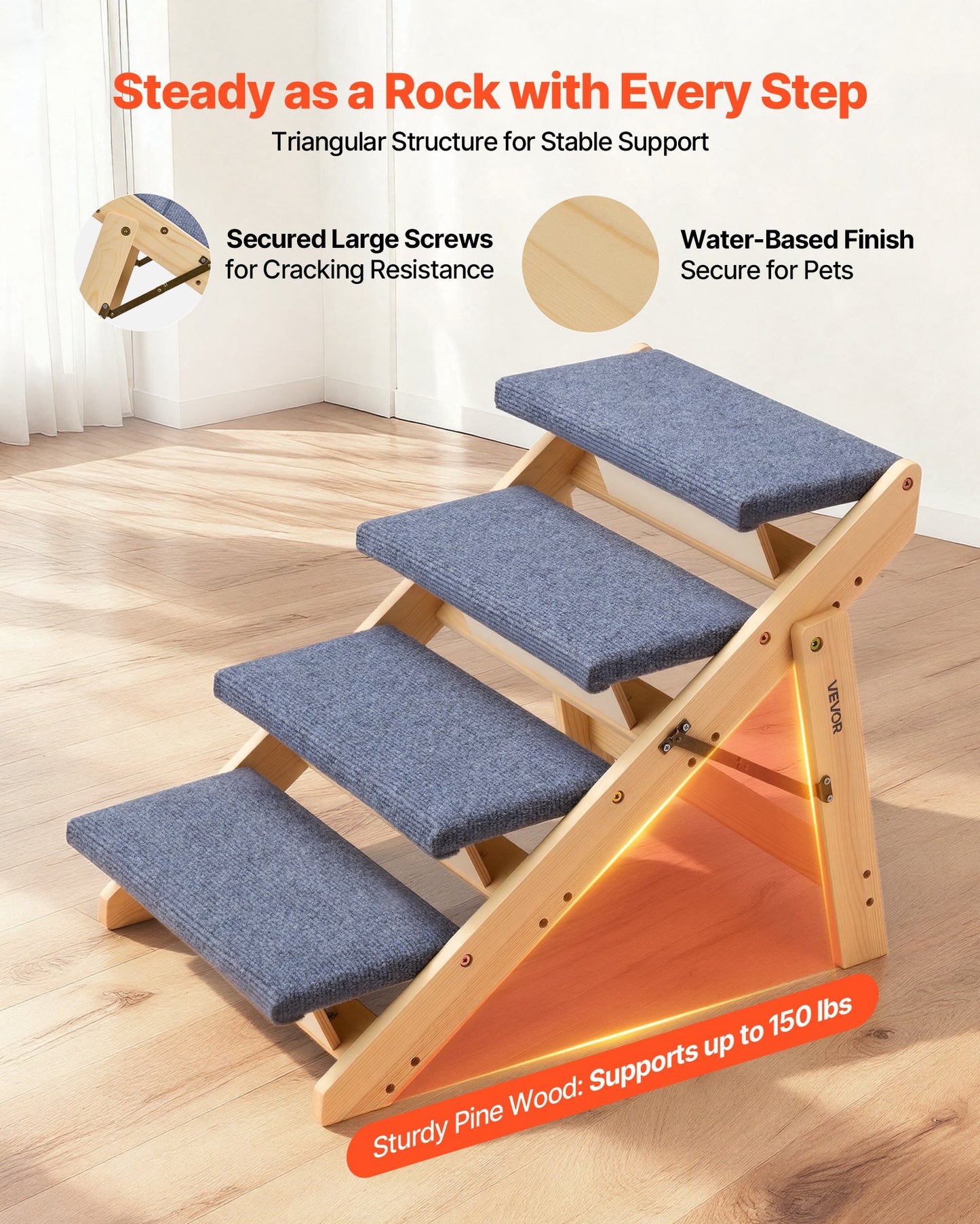 Wood Pet Stairs, 4-Step Dog Stairs for Beds, Sofa & Cars, 68 kg Load Capacity, Floded Flat Design, Stable & Sturdy Cat & Dog Step Ladder for Small Medium Large Older Pet Puppy Essentials