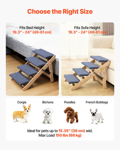 Wood Pet Stairs, 4-Step Dog Stairs for Beds, Sofa & Cars, 68 kg Load Capacity, Floded Flat Design, Stable & Sturdy Cat & Dog Step Ladder for Small Medium Large Older Pet Puppy Essentials