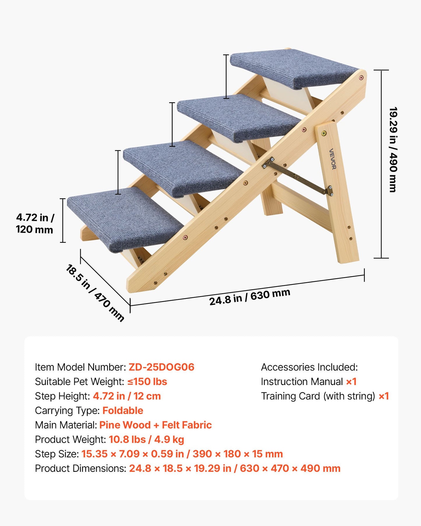 Wood Pet Stairs, 4-Step Dog Stairs for Beds, Sofa & Cars, 68 kg Load Capacity, Floded Flat Design, Stable & Sturdy Cat & Dog Step Ladder for Small Medium Large Older Pet Puppy Essentials