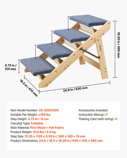 Wood Pet Stairs, 4-Step Dog Stairs for Beds, Sofa & Cars, 68 kg Load Capacity, Floded Flat Design, Stable & Sturdy Cat & Dog Step Ladder for Small Medium Large Older Pet Puppy Essentials