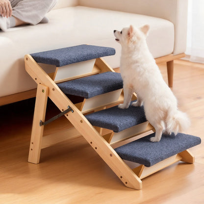 Wood Pet Stairs, 4-Step Dog Stairs for Beds, Sofa & Cars, 68 kg Load Capacity, Floded Flat Design, Stable & Sturdy Cat & Dog Step Ladder for Small Medium Large Older Pet Puppy Essentials