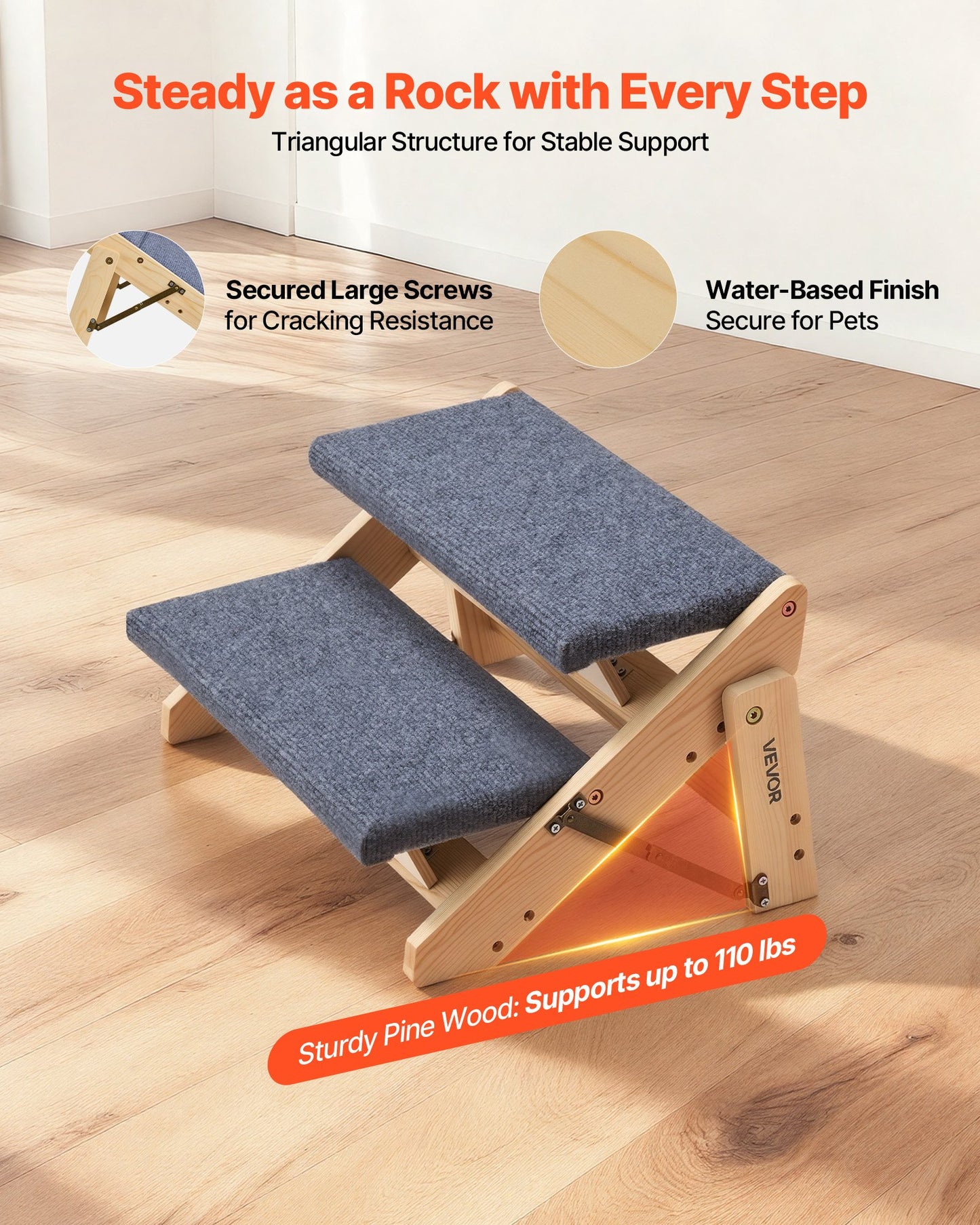 Wood Pet Stairs, 2-Step Dog Stairs for Beds, Sofa & Cars, 50 kg Load Capacity, Floded Flat Design, Stable & Sturdy Cat & Dog Step Ladder for Small Medium Large Older Pet Puppy Essentials
