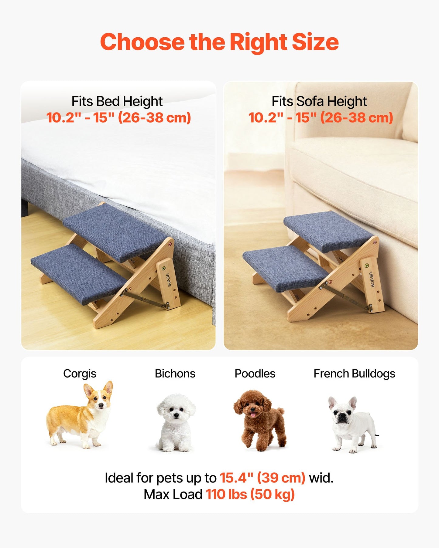 Wood Pet Stairs, 2-Step Dog Stairs for Beds, Sofa & Cars, 50 kg Load Capacity, Floded Flat Design, Stable & Sturdy Cat & Dog Step Ladder for Small Medium Large Older Pet Puppy Essentials