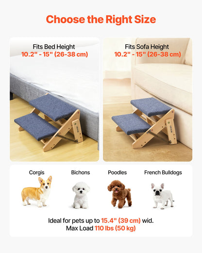Wood Pet Stairs, 2-Step Dog Stairs for Beds, Sofa & Cars, 50 kg Load Capacity, Floded Flat Design, Stable & Sturdy Cat & Dog Step Ladder for Small Medium Large Older Pet Puppy Essentials