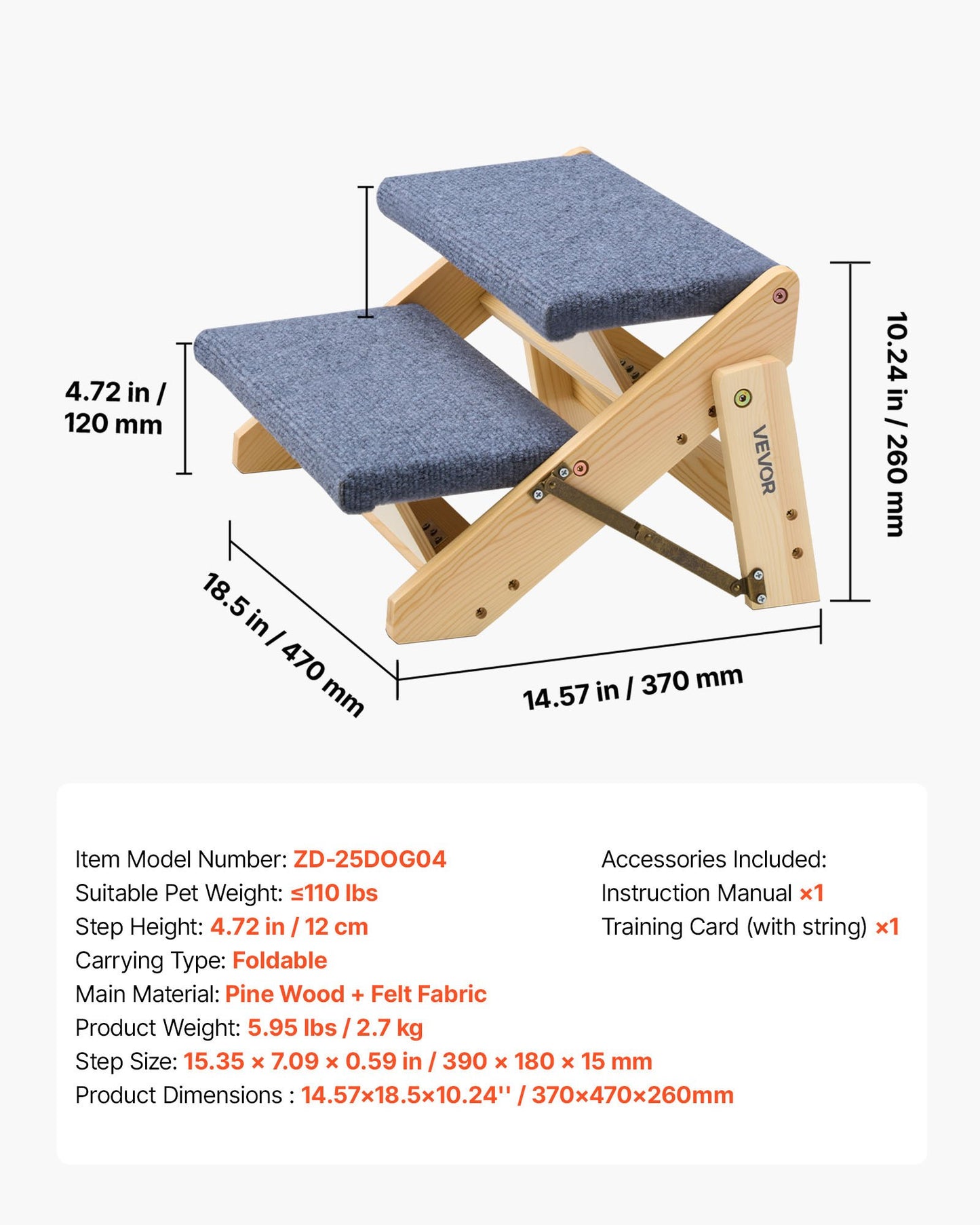 Wood Pet Stairs, 2-Step Dog Stairs for Beds, Sofa & Cars, 50 kg Load Capacity, Floded Flat Design, Stable & Sturdy Cat & Dog Step Ladder for Small Medium Large Older Pet Puppy Essentials