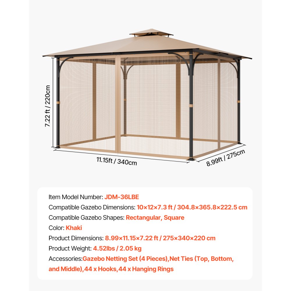 VEVOR Replacement Mesh Gazebo Netting Screen for 10x12x7.3 ft Patio, Net Only
