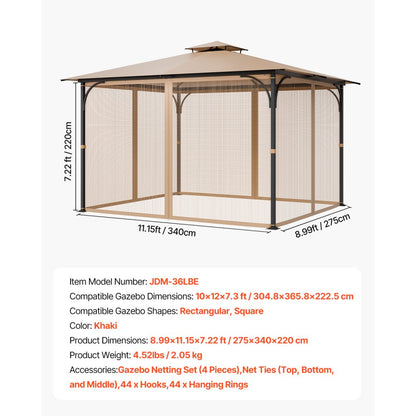 VEVOR Replacement Mesh Gazebo Netting Screen for 10x12x7.3 ft Patio, Net Only