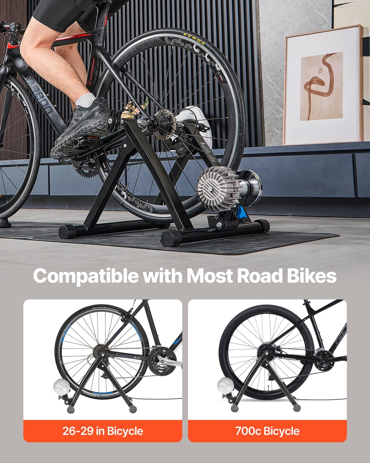 Bike Trainer, 660.4-736.6 mm & 700C Wheels, Foldable Fluid Bicycle Stationary Trainer Stand for Indoor Exercise Riding with Quick Release Skewer & Front Wheel Riser Block, Fits Road Bikes, Black