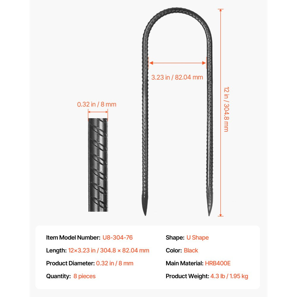 VEVOR 304.8 mm 8 Pack Rebar Stakes Heavy Duty U Shape Galvanized Ground Anchors