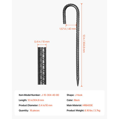 304.8 mm 16 Pack Rebar Stakes Heavy Duty J Hook Galvanized Ground Anchors