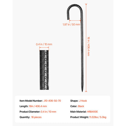 406.4 mm 16 Pack Rebar Stakes Heavy Duty J Hook Galvanized Ground Anchors