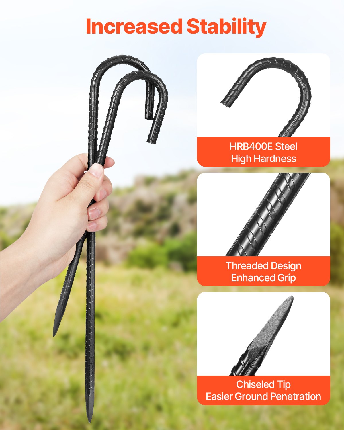 Rebar Stakes, 406.4 mm, Heavy-Duty 10 mm Diameter J Hook, Galvanized Steel Ground Anchors with Chisel Point End & Rust-Resistant Coating, for Gardening Support, Fence, Camping Tents (24-Pack)