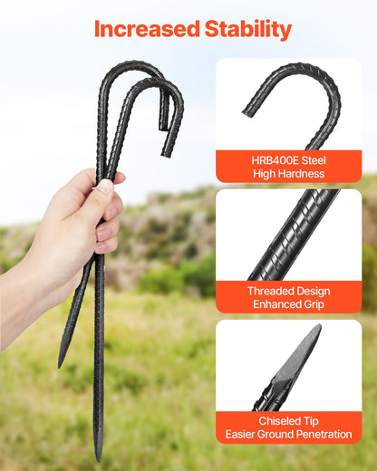 Rebar Stakes, 406.4 mm, Heavy-Duty 10 mm Diameter J Hook, Galvanized Steel Ground Anchors with Chisel Point End & Rust-Resistant Coating, for Gardening Support, Fence, Camping Tents (24-Pack)