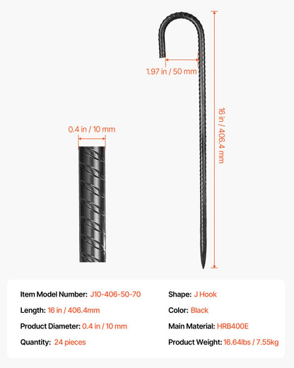 Rebar Stakes, 406.4 mm, Heavy-Duty 10 mm Diameter J Hook, Galvanized Steel Ground Anchors with Chisel Point End & Rust-Resistant Coating, for Gardening Support, Fence, Camping Tents (24-Pack)