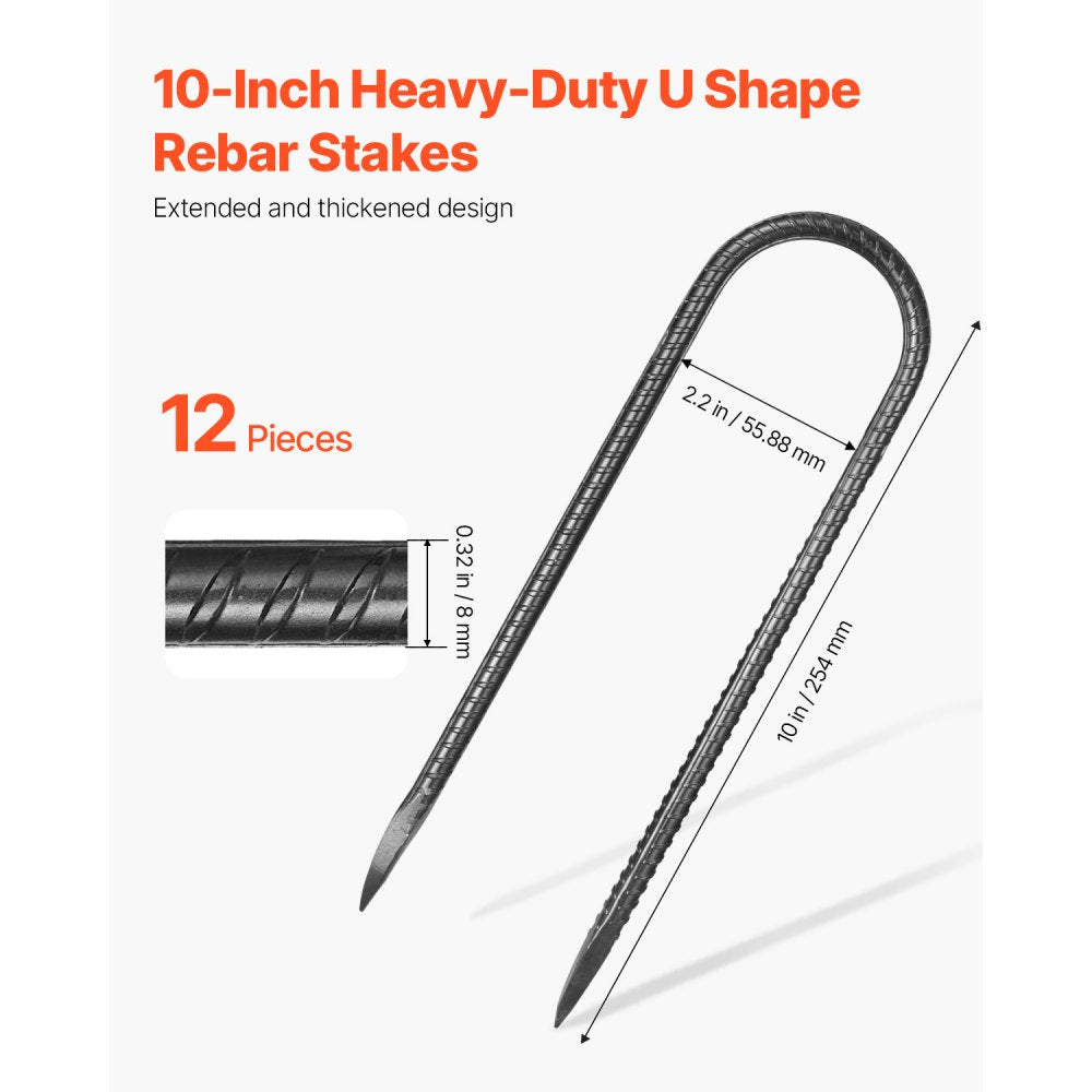 VEVOR 254 mm 12 Pack Rebar Stakes Heavy Duty U Shape Galvanized Ground Anchors