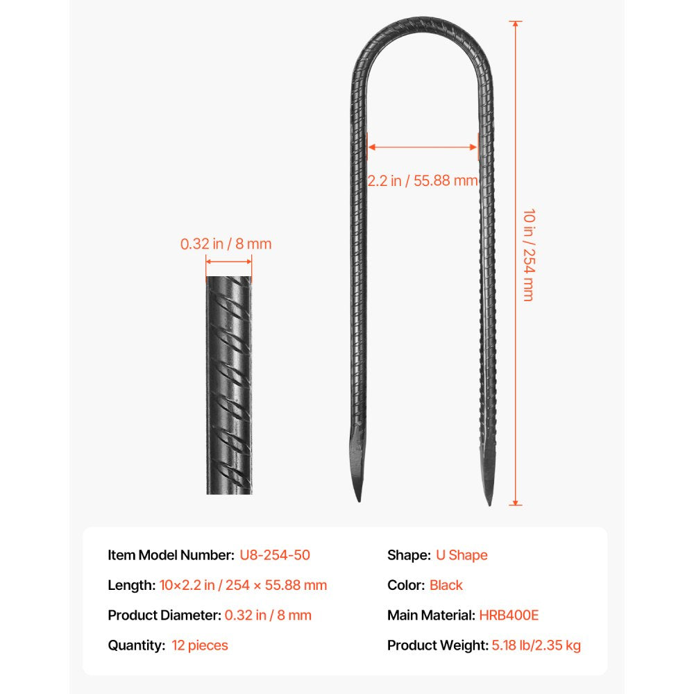 VEVOR 254 mm 12 Pack Rebar Stakes Heavy Duty U Shape Galvanized Ground Anchors