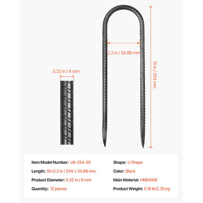 VEVOR 254 mm 12 Pack Rebar Stakes Heavy Duty U Shape Galvanized Ground Anchors