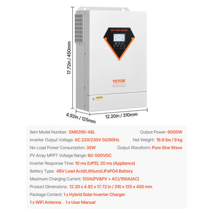 VEVOR Hybrid Solar Inverter Charger 6000W 220/230V Built-in 120A MPPT Controller
