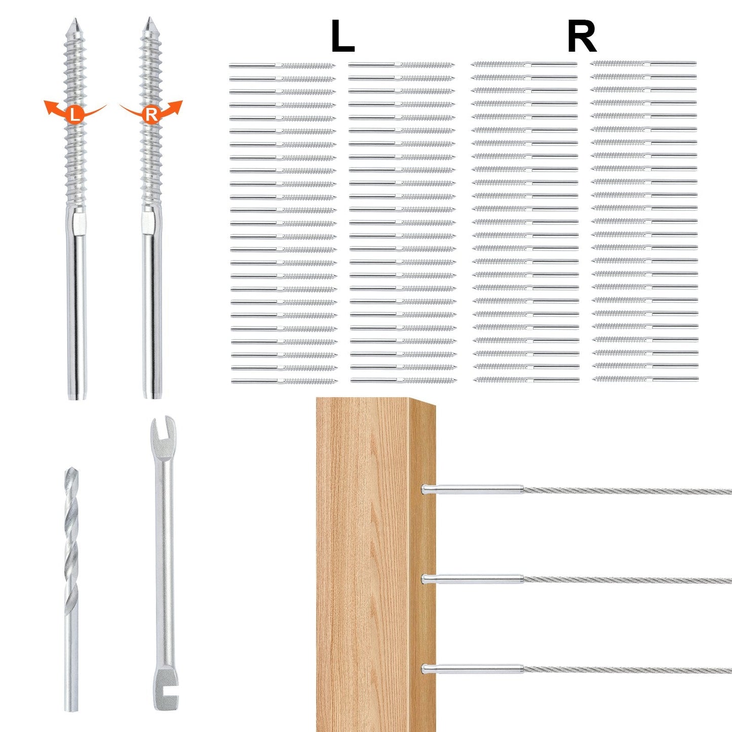 102-Piece Stainless Steel Cable Railing Kit for 3.2mm Decks, Wood/Metal Posts