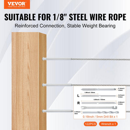 122-Piece Stainless Steel Cable Railing Kit for 3.2mm Deck, Wood/Metal Posts