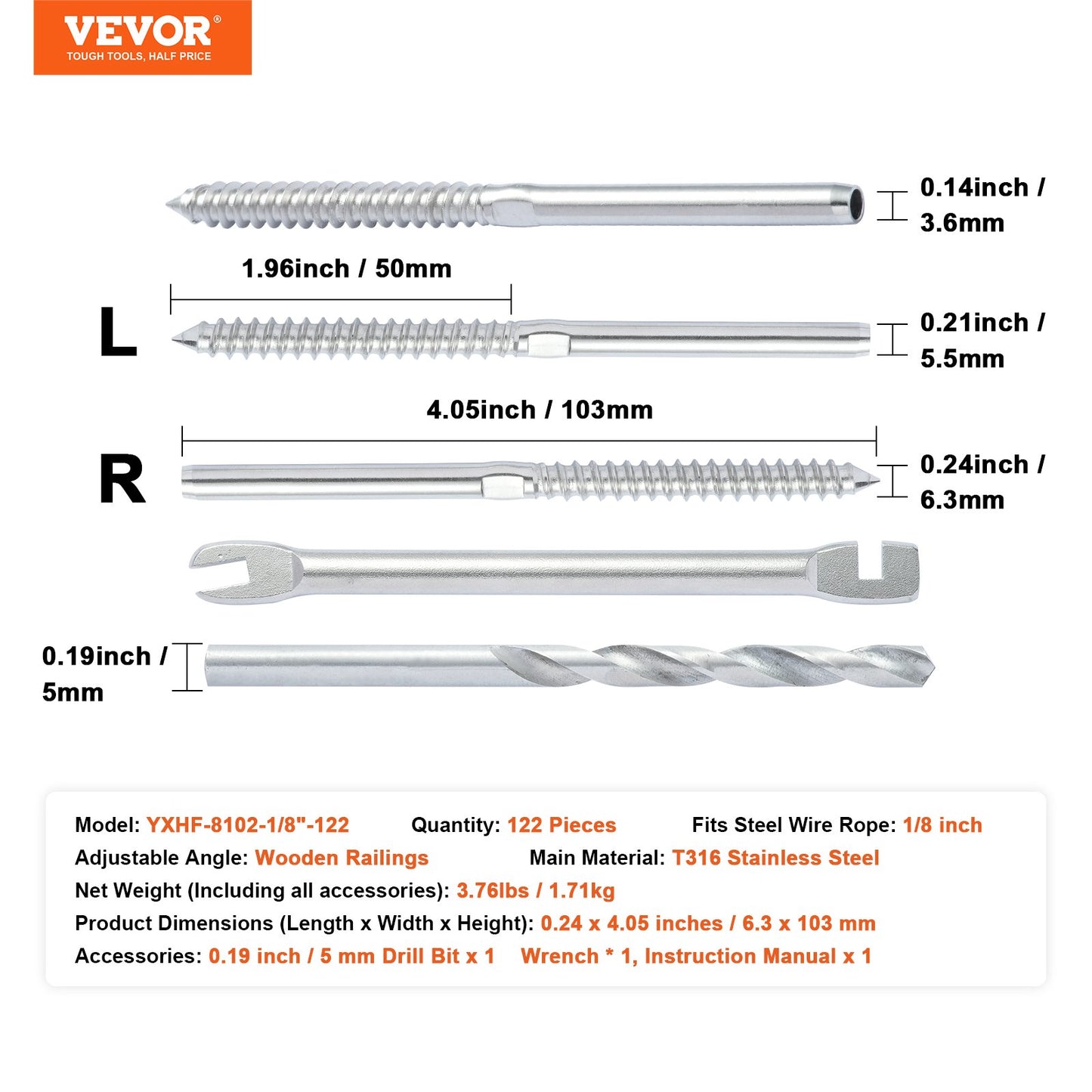 VEVOR 122 Pack Cable Railing Swage Threaded Stud Tension End Fitting Terminal for