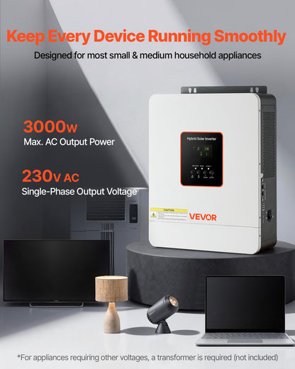 3000W Hybrid Solar Inverter, 24V DC to 230V AC, Pure Sine Wave Power Inverter Charger, Built-in 80A MPPT Solar Controller, Compatible with Lead Acid Lithium Battery, for Home, Camper, Off-Grid