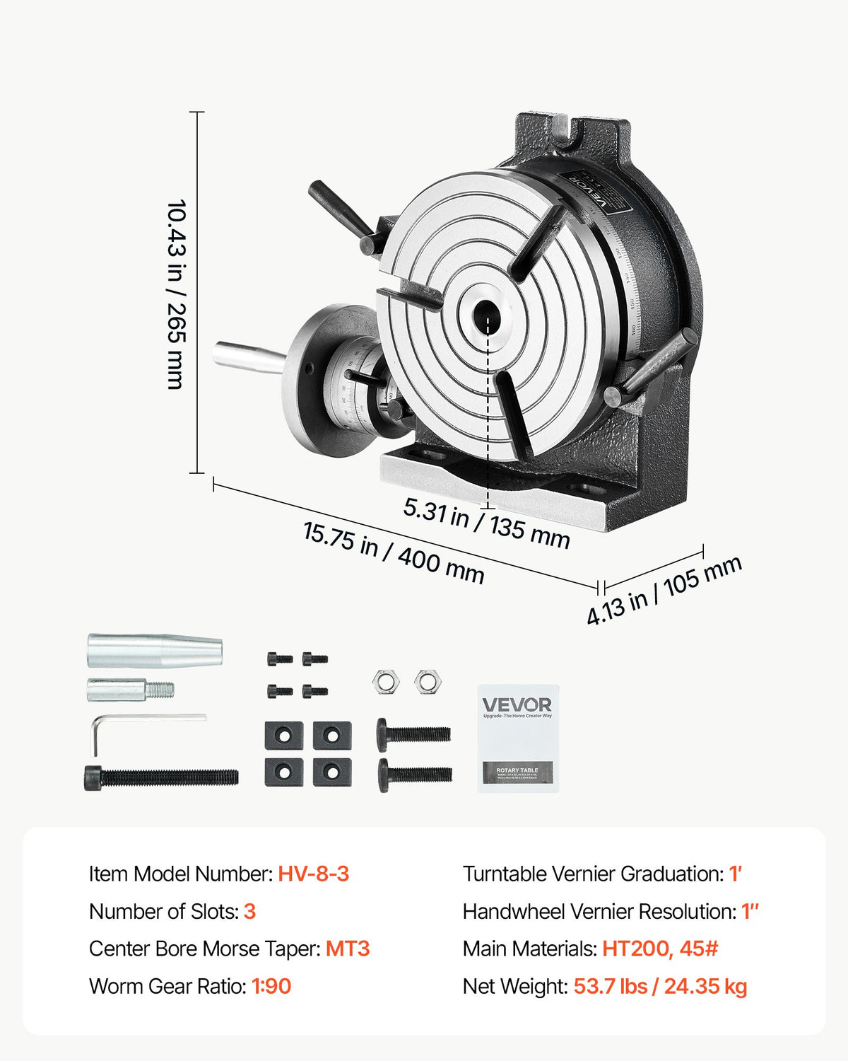Horizontal Vertical Rotary Table 200 mm Precision Milling Rotary Table, with T-Slot & Graduated Scale, Worm Gear Adjustment, Cast Iron, Precision Indexing, for Milling Machines & Drill Presses