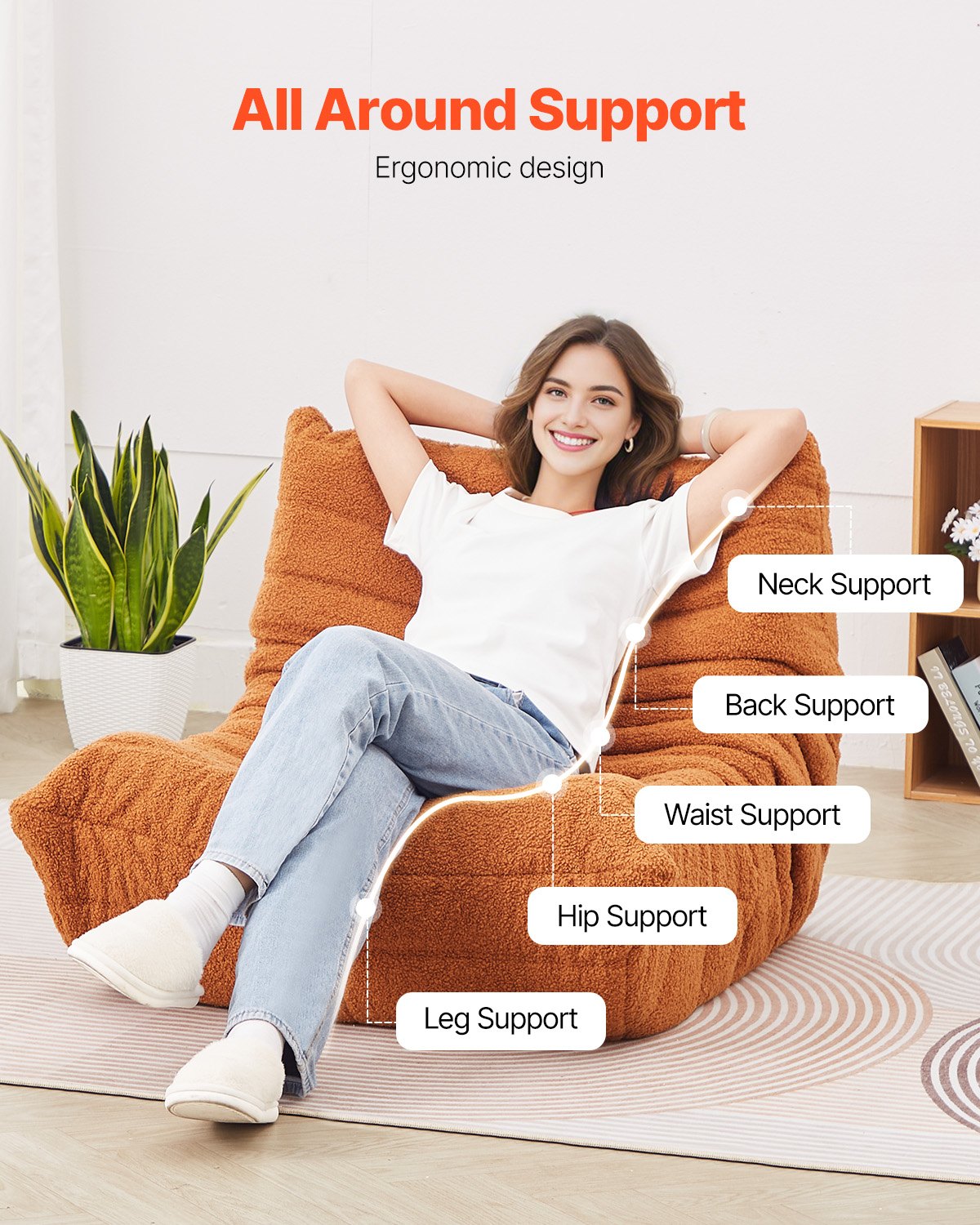 VEVOR L-Shaped Bean Bag Chair with Soft Armrests and Storage Pocket Brown