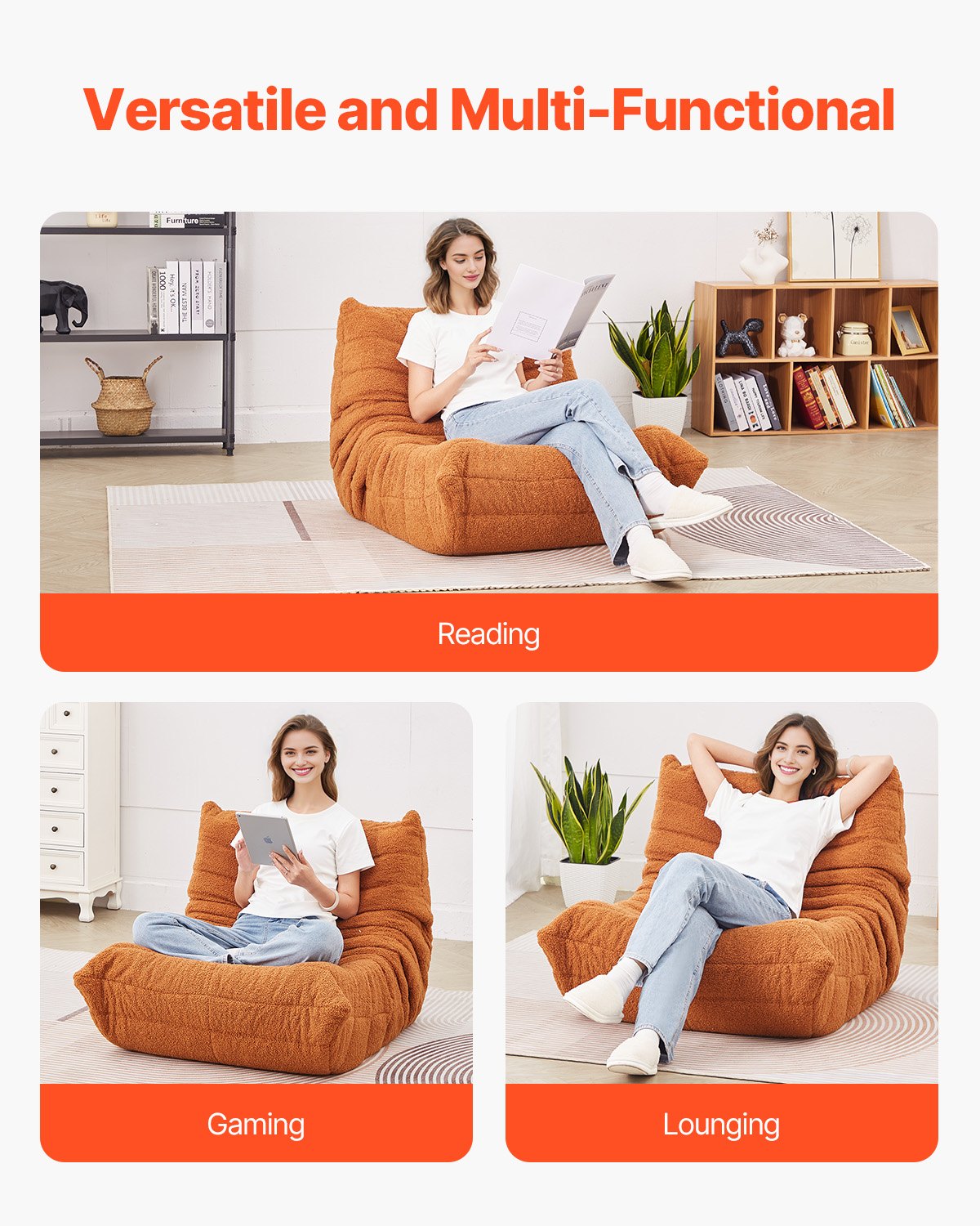 VEVOR L-Shaped Bean Bag Chair with Soft Armrests and Storage Pocket Brown