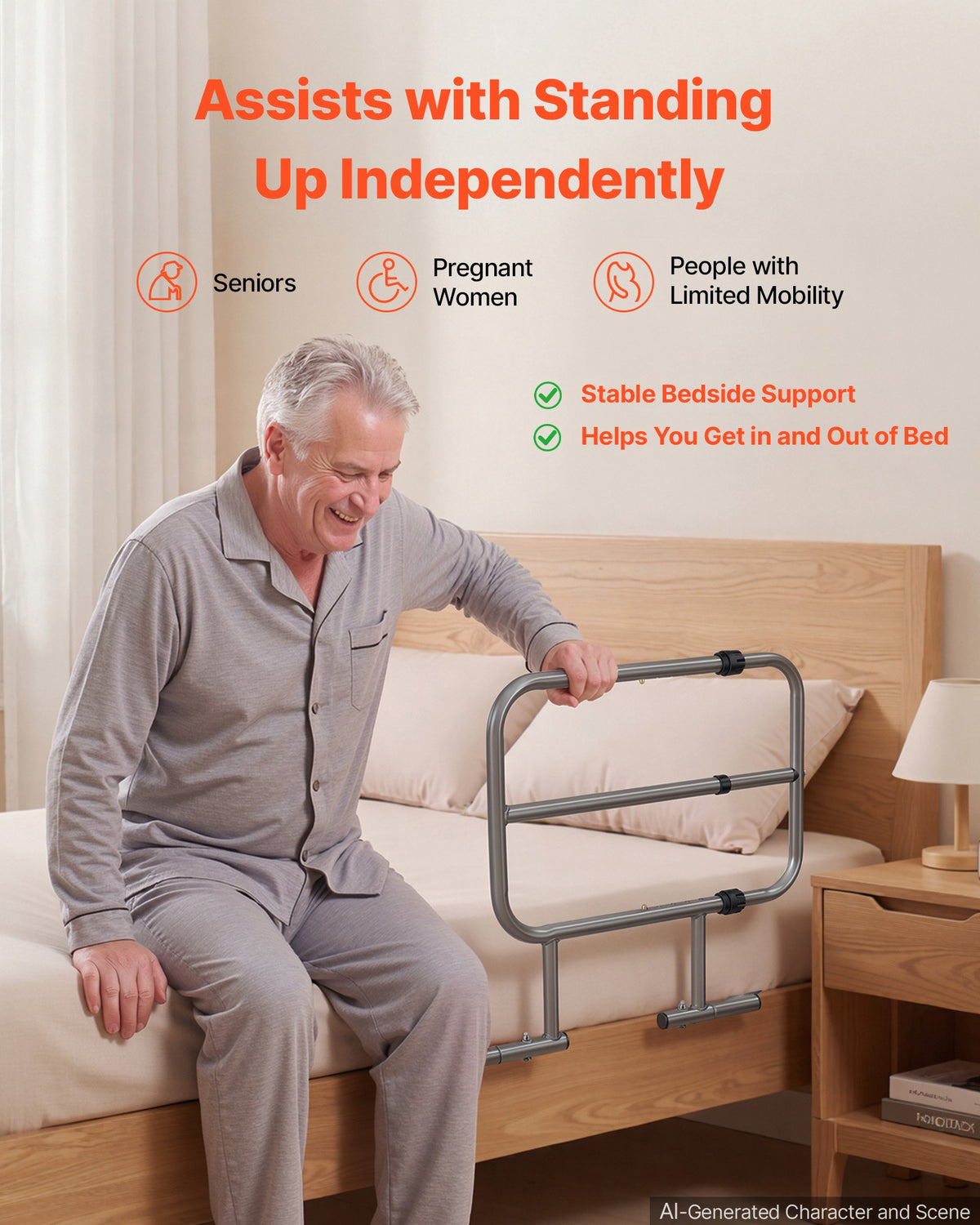 Bed Rails for Elderly Adults 90.7kg Capacity Bed Side Assist Rail, High-Strength Steel, L-Shaped Bedside Cane for Seniors, Adjustable Handle Length, Fits King Queen Full Twin Beds