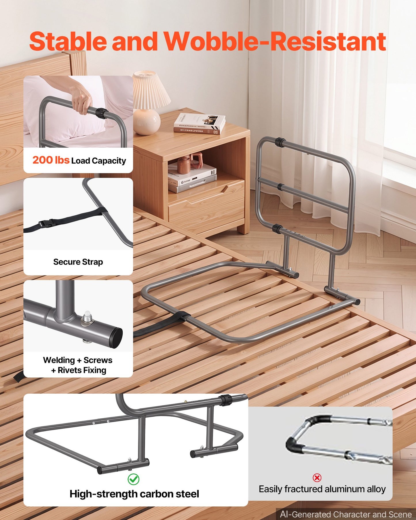 Bed Rails for Elderly Adults 90.7kg Capacity Bed Side Assist Rail, High-Strength Steel, L-Shaped Bedside Cane for Seniors, Adjustable Handle Length, Fits King Queen Full Twin Beds