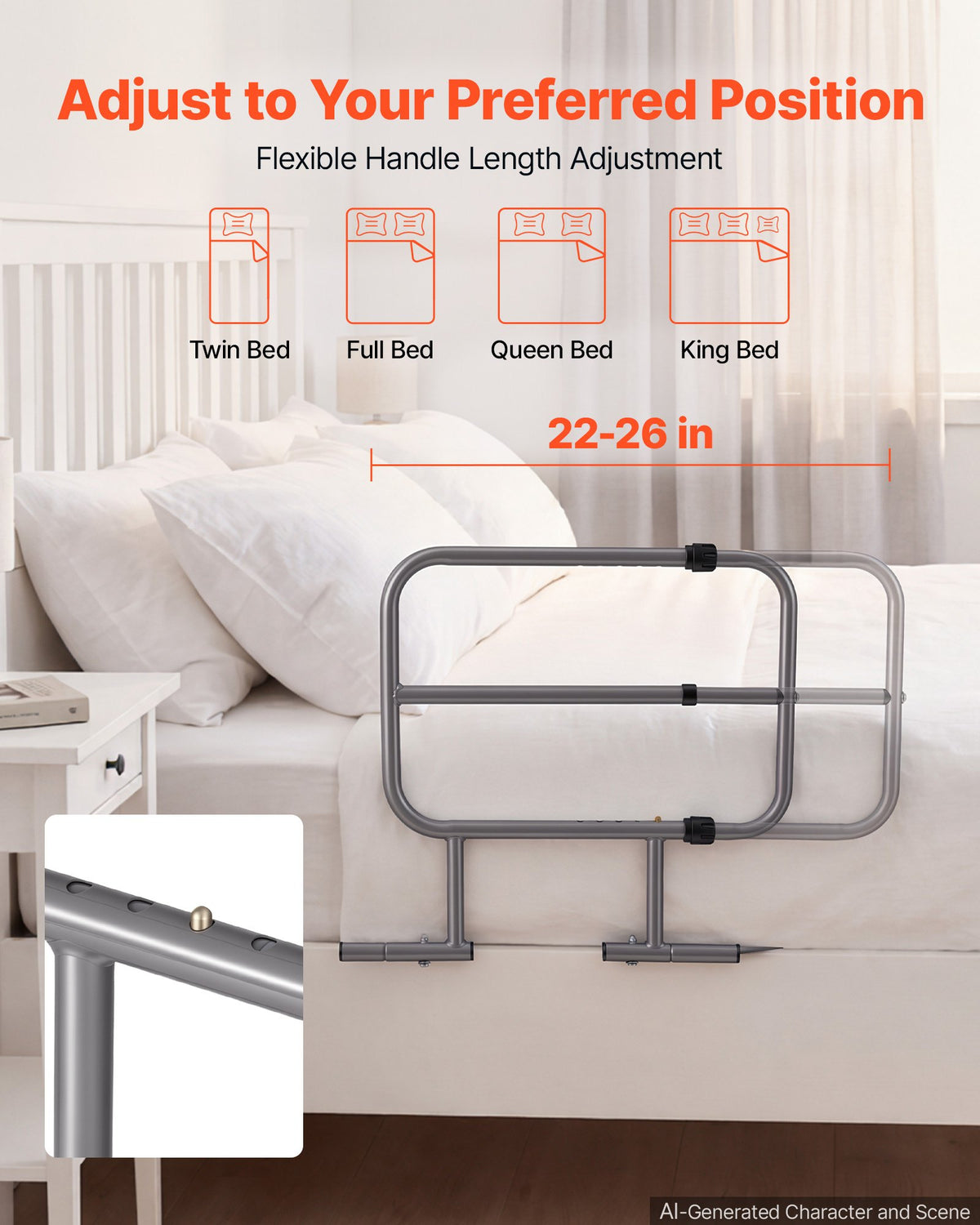 Bed Rails for Elderly Adults 90.7kg Capacity Bed Side Assist Rail, High-Strength Steel, L-Shaped Bedside Cane for Seniors, Adjustable Handle Length, Fits King Queen Full Twin Beds