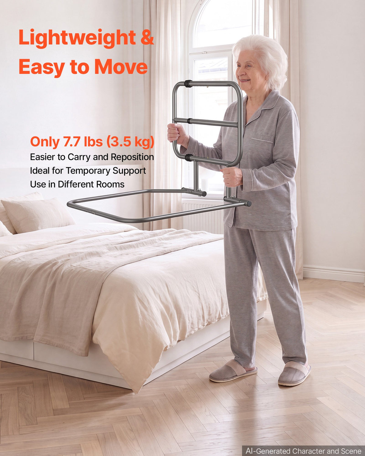 Bed Rails for Elderly Adults 90.7kg Capacity Bed Side Assist Rail, High-Strength Steel, L-Shaped Bedside Cane for Seniors, Adjustable Handle Length, Fits King Queen Full Twin Beds