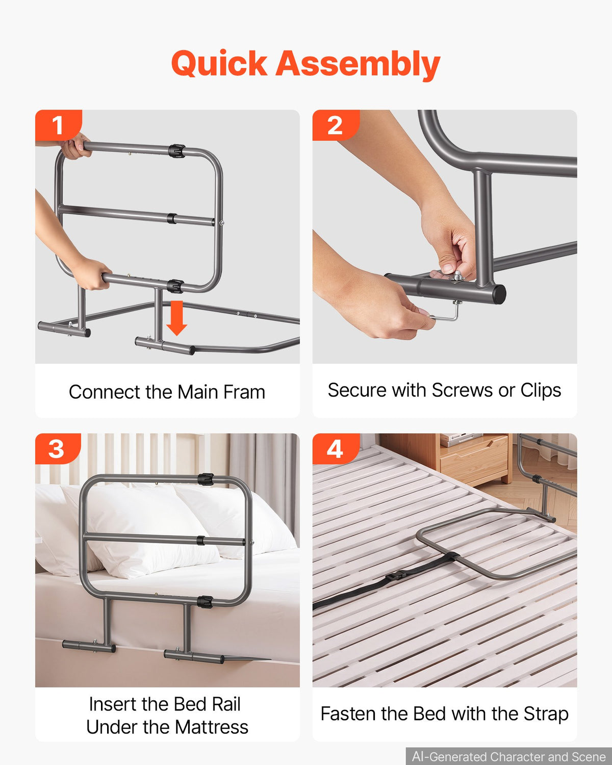 Bed Rails for Elderly Adults 90.7kg Capacity Bed Side Assist Rail, High-Strength Steel, L-Shaped Bedside Cane for Seniors, Adjustable Handle Length, Fits King Queen Full Twin Beds