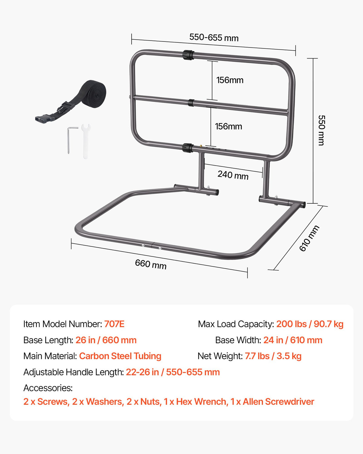 Bed Rails for Elderly Adults 90.7kg Capacity Bed Side Assist Rail, High-Strength Steel, L-Shaped Bedside Cane for Seniors, Adjustable Handle Length, Fits King Queen Full Twin Beds