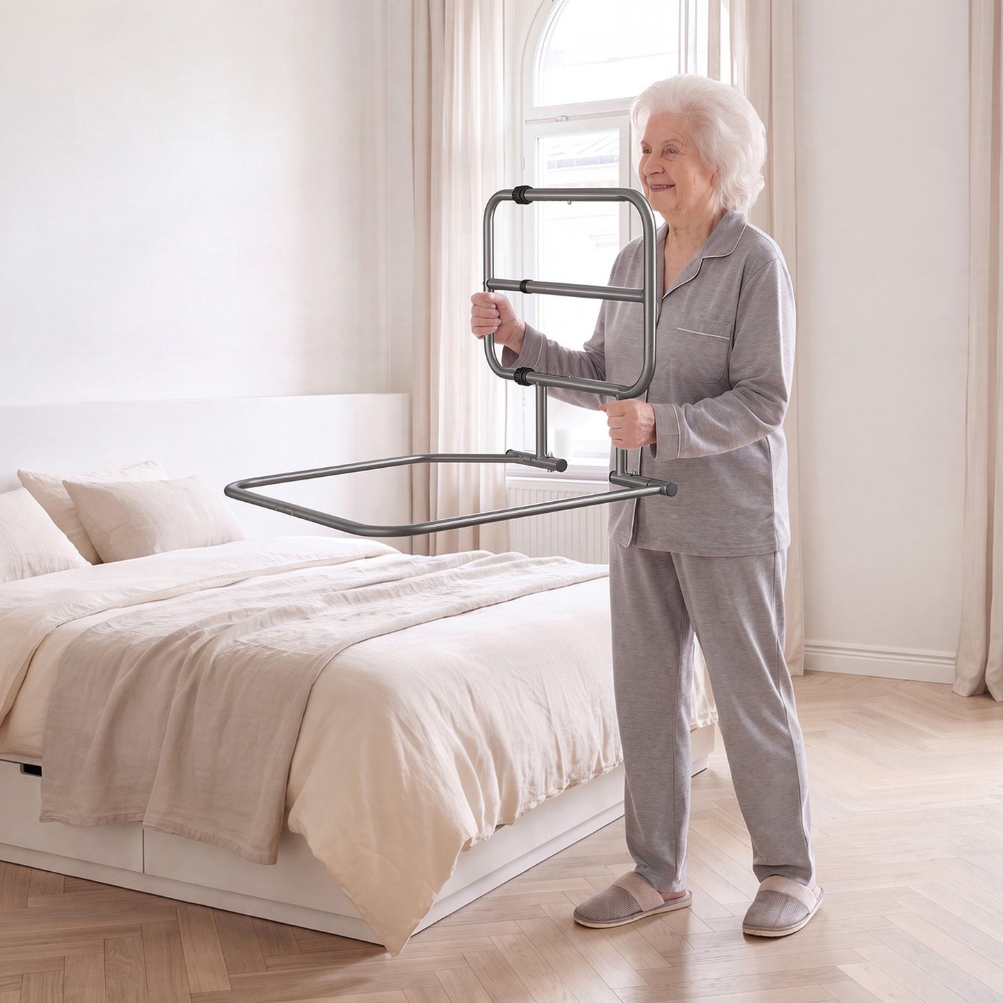 Bed Rails for Elderly Adults 90.7kg Capacity Bed Side Assist Rail, High-Strength Steel, L-Shaped Bedside Cane for Seniors, Adjustable Handle Length, Fits King Queen Full Twin Beds