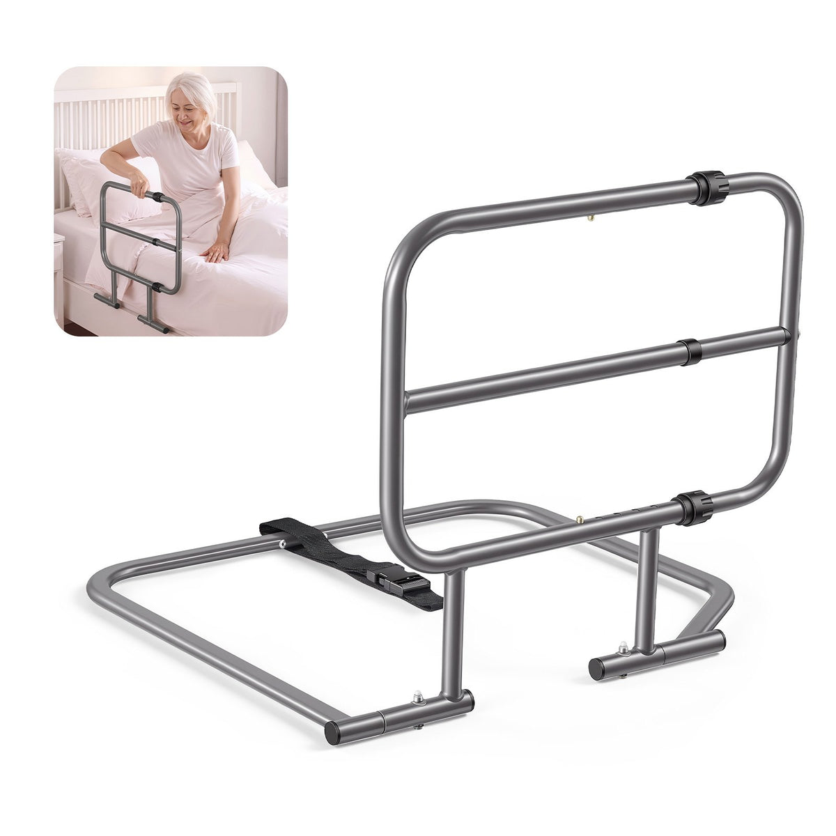 Bed Rails for Elderly Adults 90.7kg Capacity Bed Side Assist Rail, High-Strength Steel, L-Shaped Bedside Cane for Seniors, Adjustable Handle Length, Fits King Queen Full Twin Beds