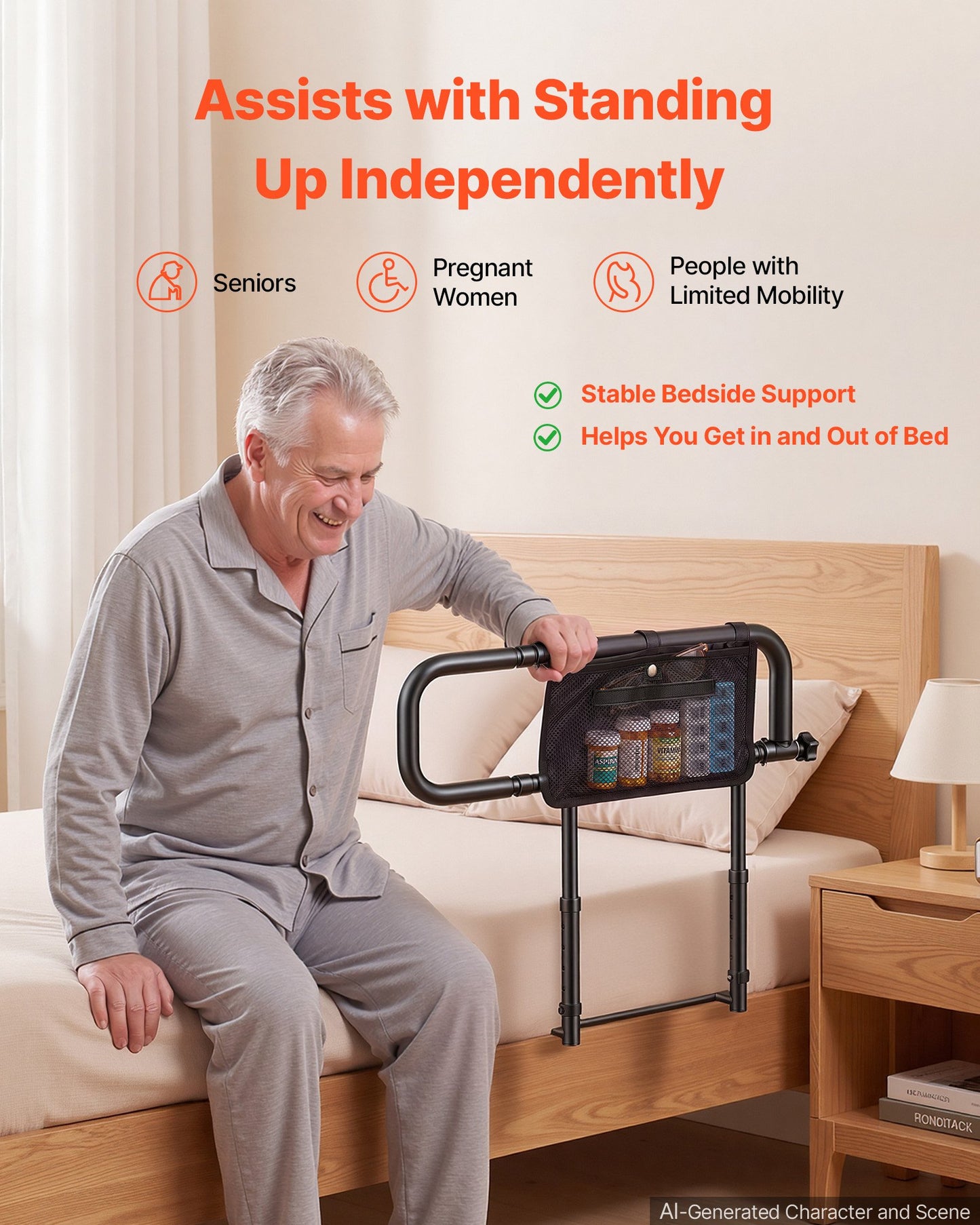 Bed Rails for Elderly Adults Folding Bed Side Assist Rail for Seniors, Length & Height Adjustable, High-Strength Steel Bed Cane with Storage Pocket, Fits King Queen Full Twin Bed, 136kg Support